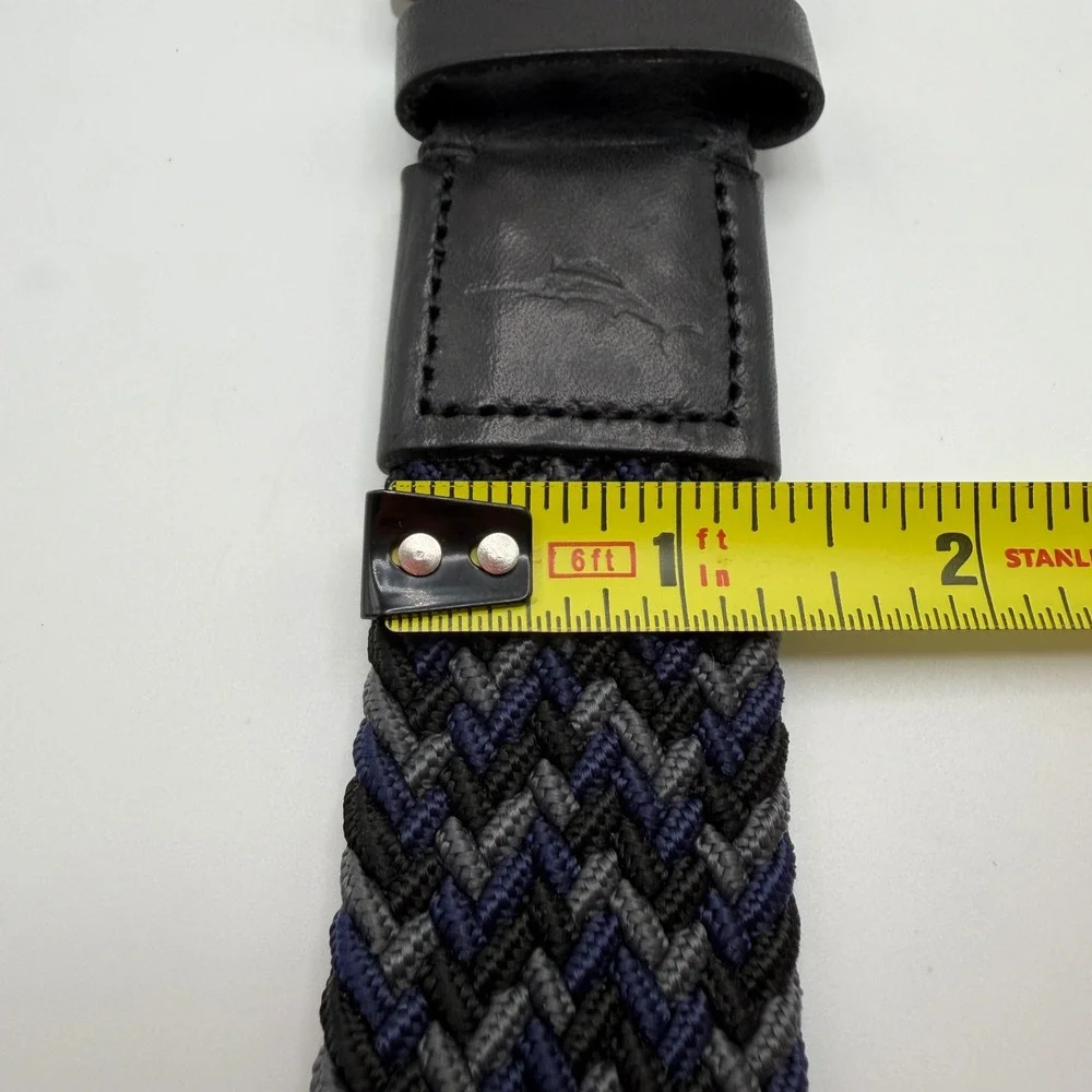 Tommy Bahama‎ Mens Braided Stretch Belt Navy Grey Black Leather Trim S/M